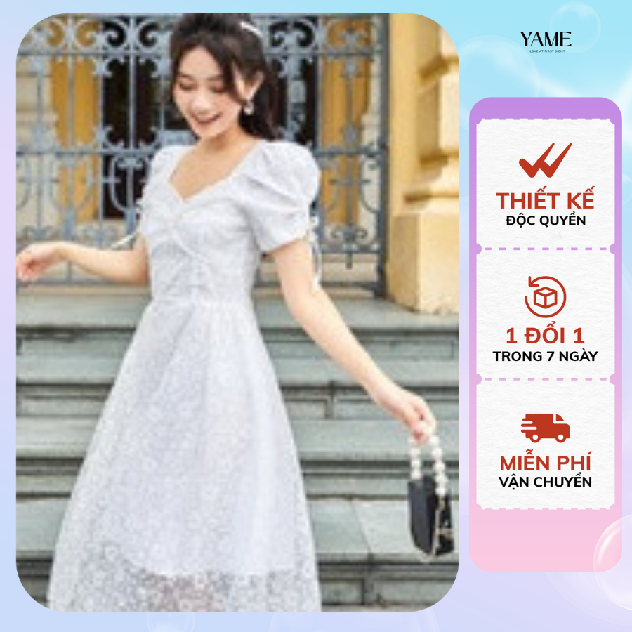 Váy trắng tiểu thư dáng suông dài, tay bồng nơ thắt cổ vuông chất vải ren lót lụa YAME