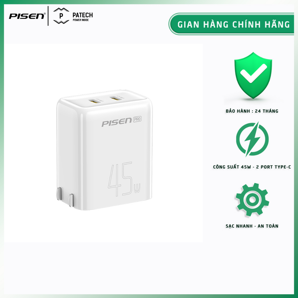 Sạc PISEN PRO Dual Port PD45W 2C, sạc nhanh 45W, hỗ trợ các dòng Apple, SS, Xiaomi ... model : TS-C152 - Hàng chính hãng