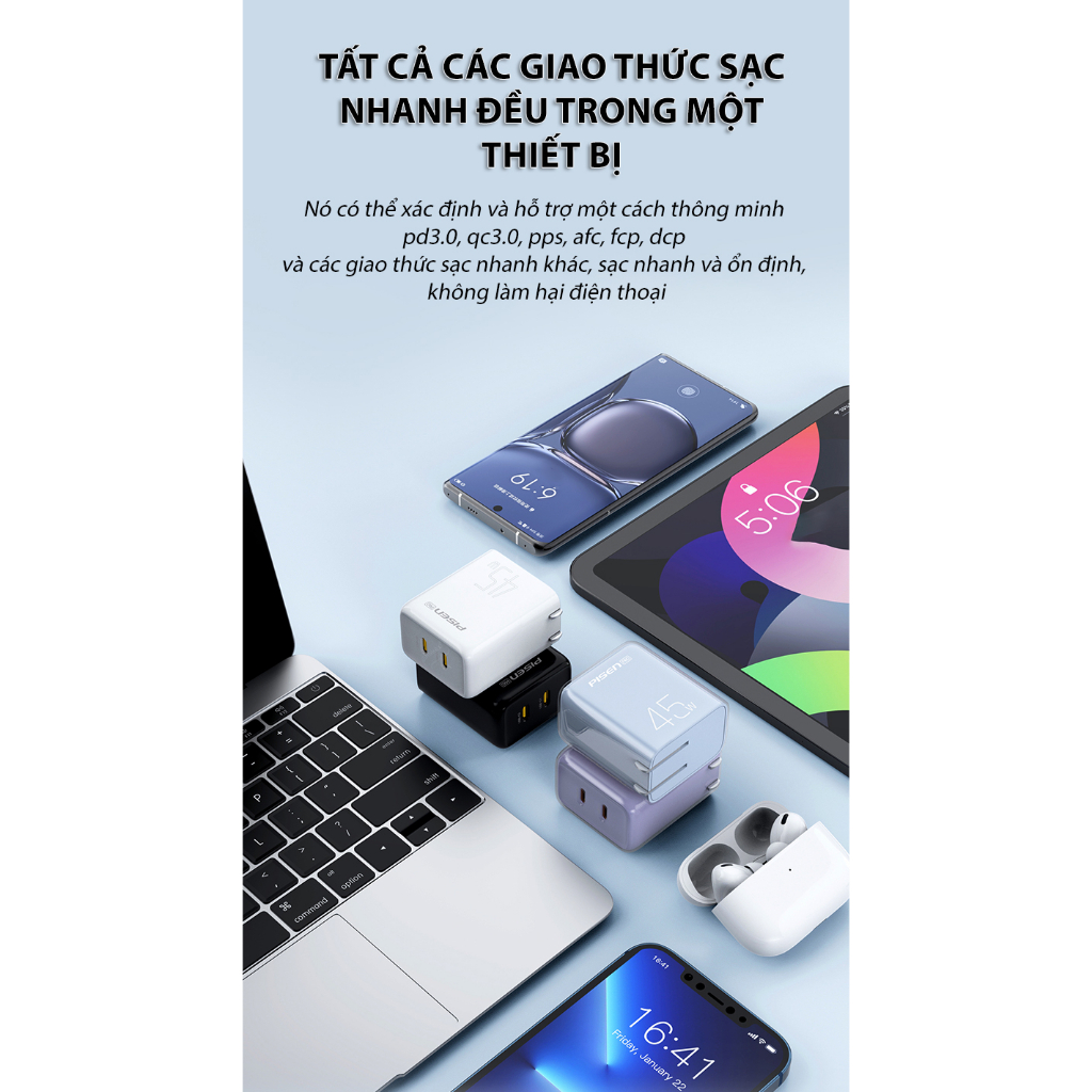 Sạc PISEN PRO Dual Port PD45W 2C, sạc nhanh 45W, hỗ trợ các dòng Apple, SS, Xiaomi ... model : TS-C152 - Hàng chính hãng