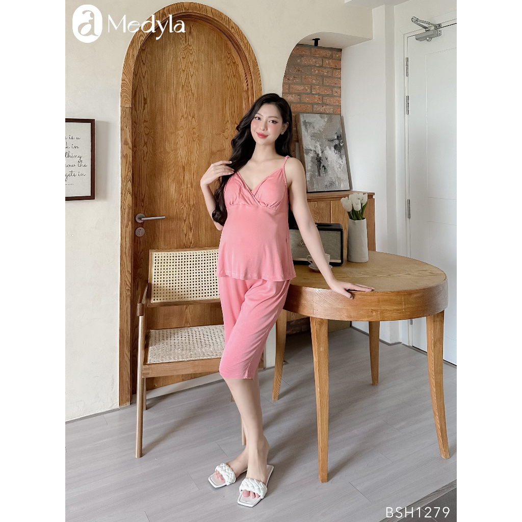 MEDYLA - Bộ bầu mặc nhà 2 dây cotton có mút đệm ngực cho bầu mặc trong và sau sinh - BSH1279