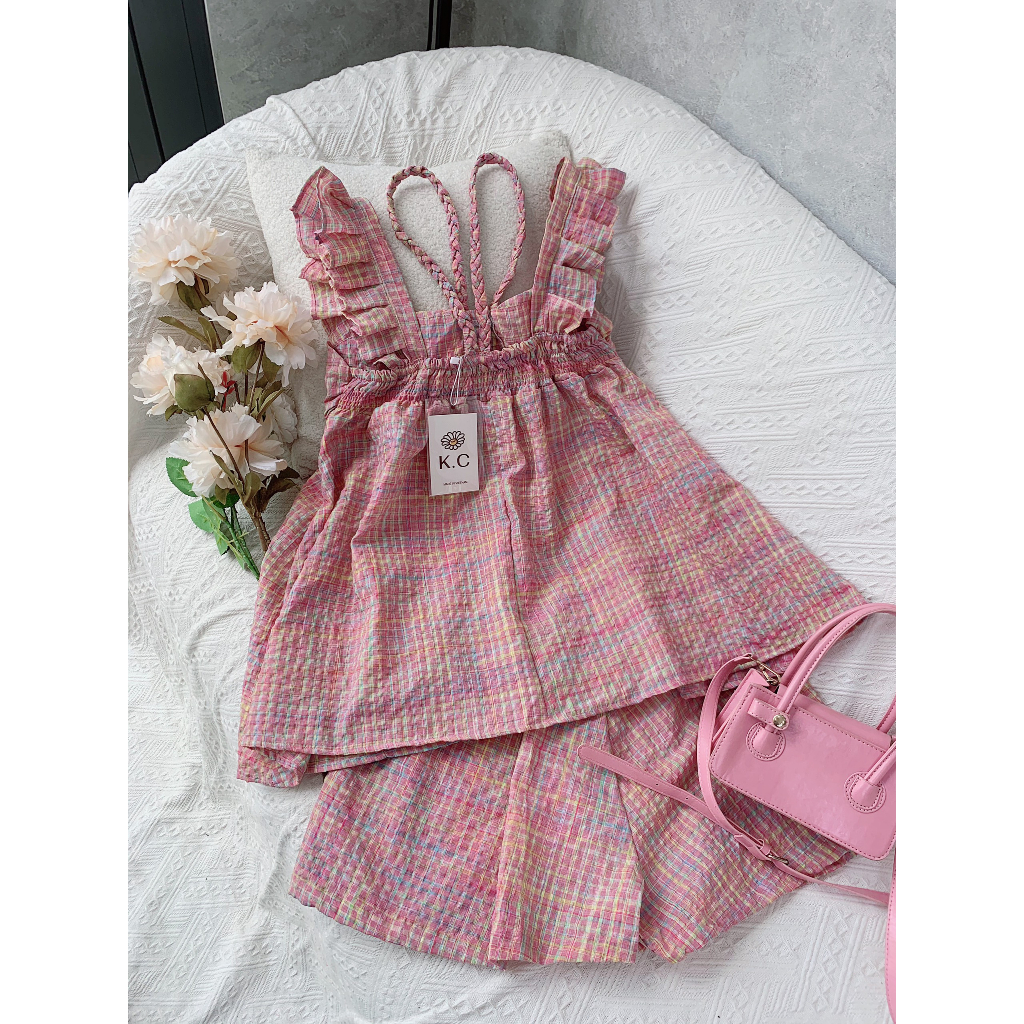Set kẻ hồng tay cánh tiên dây thắt rít + quần short