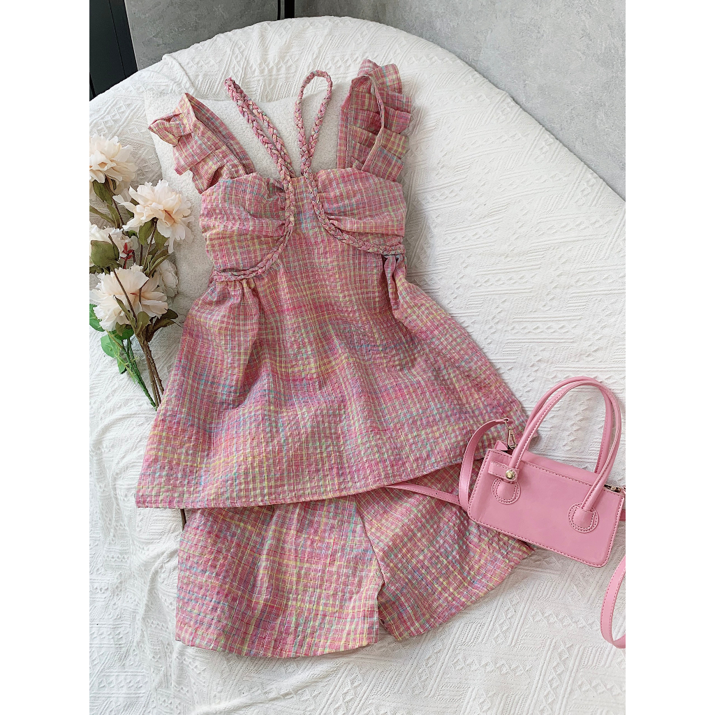 Set kẻ hồng tay cánh tiên dây thắt rít + quần short