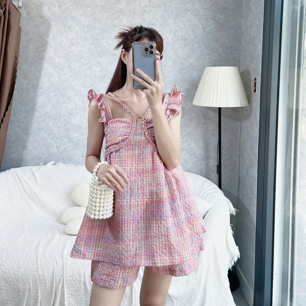 Set kẻ hồng tay cánh tiên dây thắt rít + quần short