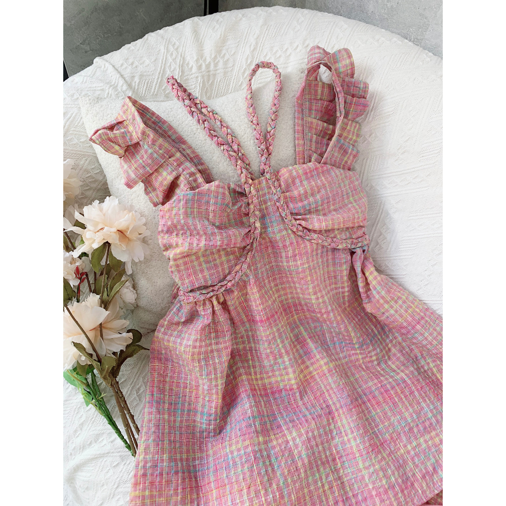 Set kẻ hồng tay cánh tiên dây thắt rít + quần short