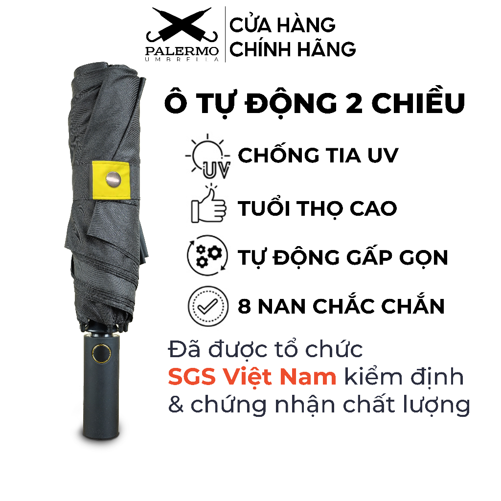 Ô dù che mưa đi nắng Palermo 8 nan, đóng mở tự động 2 chiều, vải chống thấm