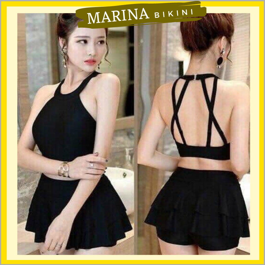 Bikini hai mảnh đồ bơi đi biển áo yếm cổ tròn váy hai tầng gợi cảm MARINA028
