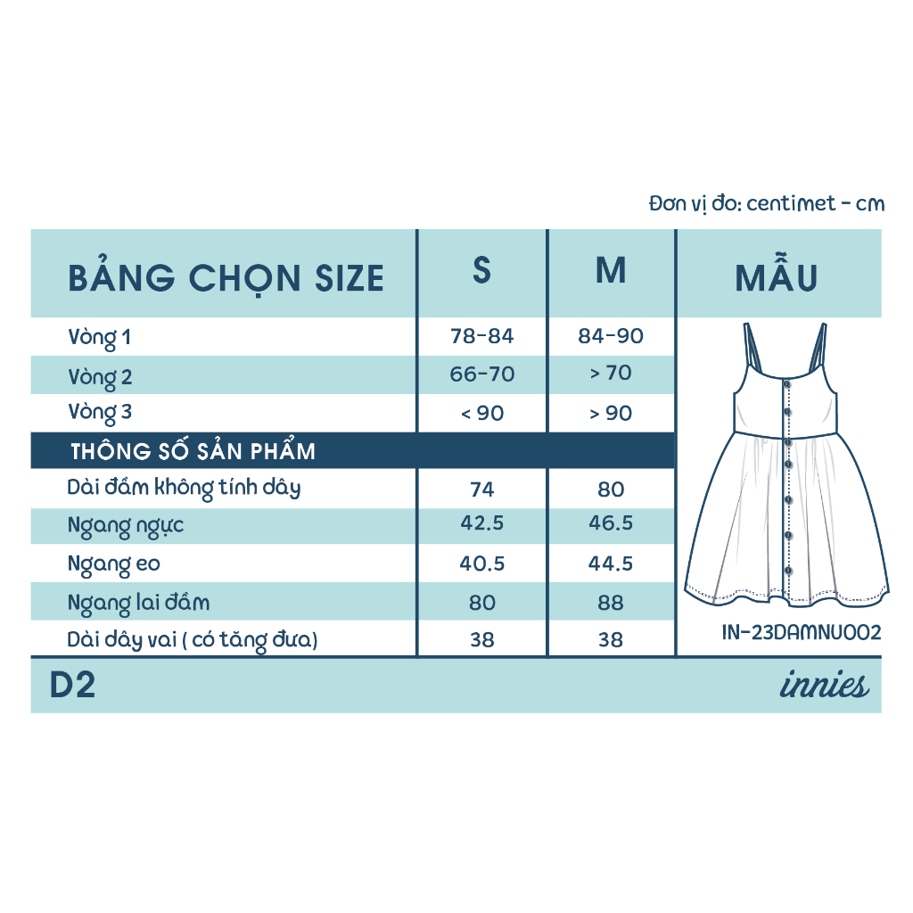 Đầm 2 dây NỮ cotton muslin, nút cài giữa, dáng xoè đáng yêu mặc nhà Innies - IN-23DAMNU002