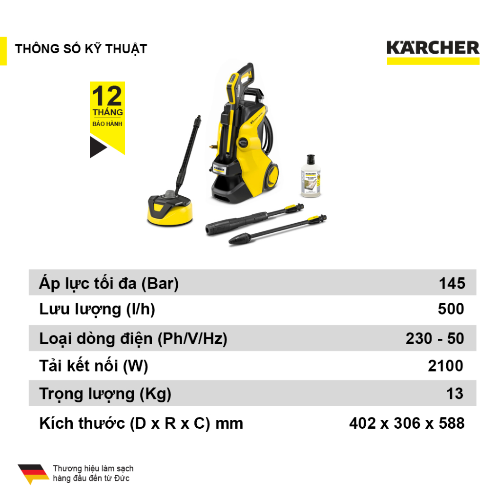 (Sản xuất Ý) Máy xịt rửa xe cao áp Karcher K5 Power Control Home, động cơ từ 2100w, áp lực 20-145 bar