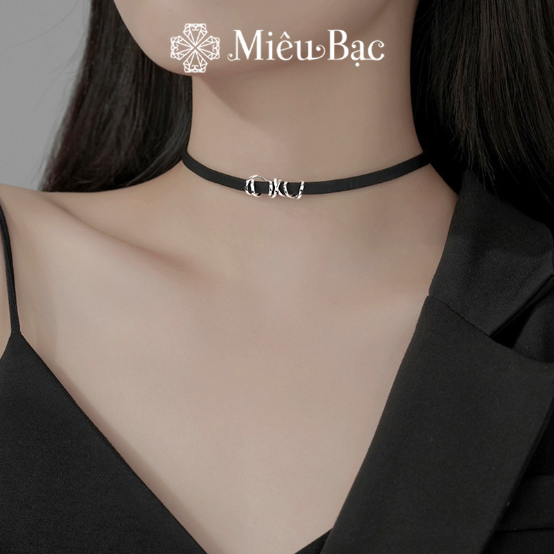 Choker dây da mix charm bạc Miêu Bạc dây chuyền nữ đeo sát cổ chất liệu bạc 925 phụ kiện dự tiệc sang chảnh MD41