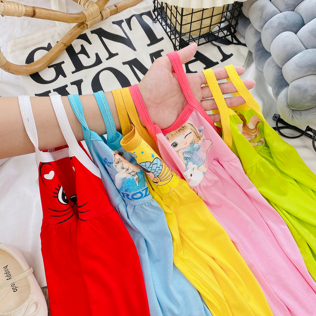 Váy Đầm Dây Thun Lạnh Minky Kiểu Dáng Xoè Thoải Mái Đơn Sắc Cho Bé Gái 6kg-29kg.MĐ1