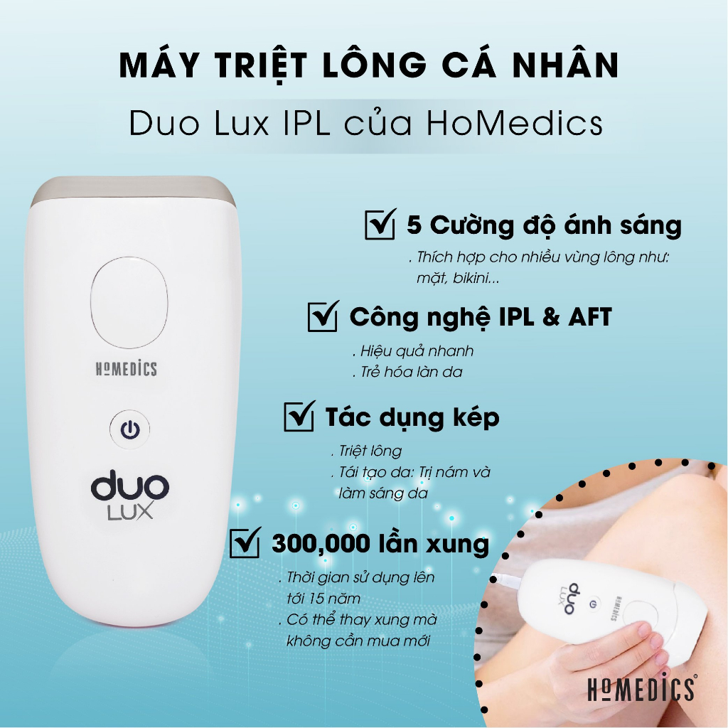 Máy triệt lông cá nhân HoMedics HTBeauty của MỸ IPL HH390 số xung 300.000 dùng trọn đời, cảm biến màu da đảm bảo an toàn