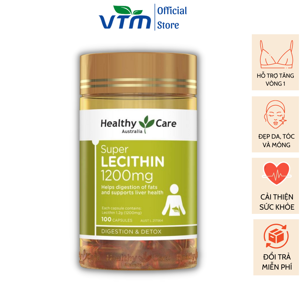 Viên uống tinh chất mầm đậu nành Healthy Care Super Lecithin 1200mg đẹp da, cân bằng nội tiết tố - Lọ 100v