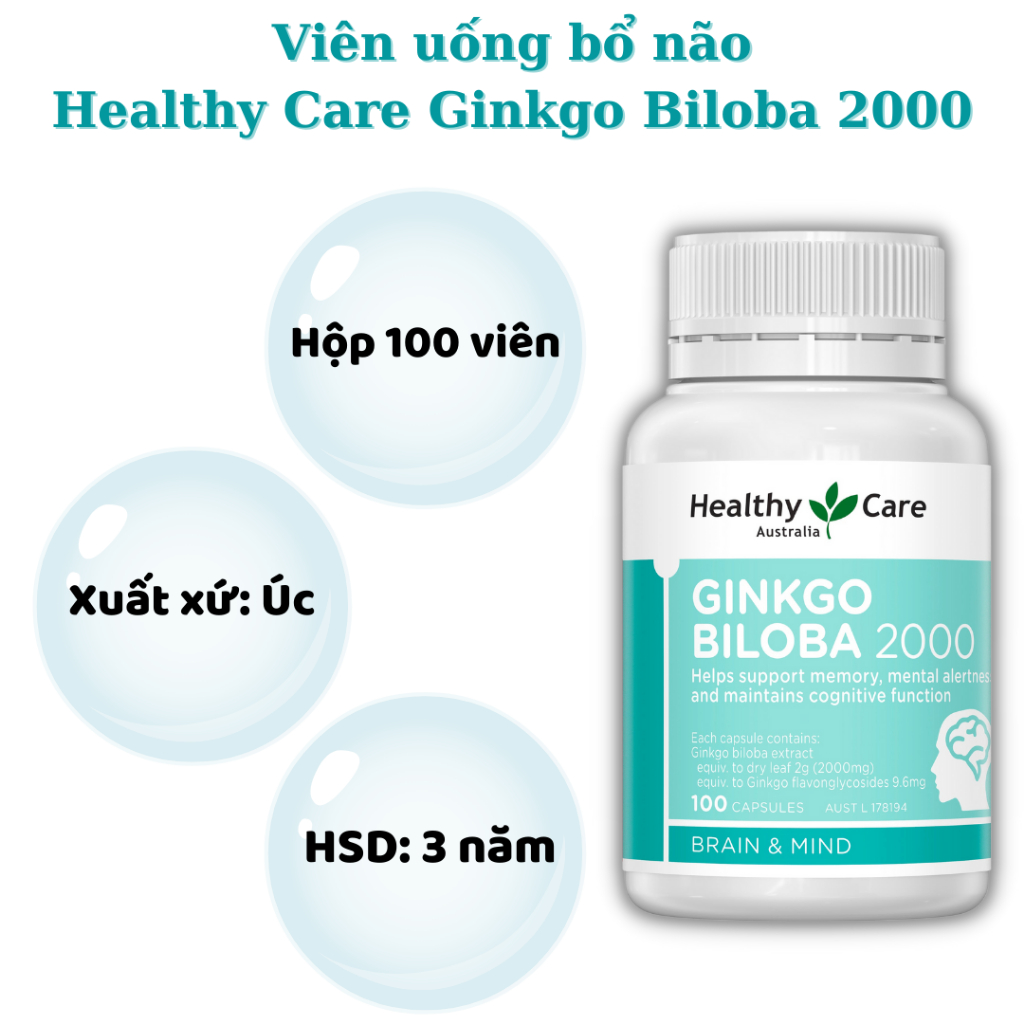 Viên uống bổ não Healthy Care Ginkgo Biloba tăng cường trí nhớ, giảm đau đầu, lưu thông máu não - 100 viên