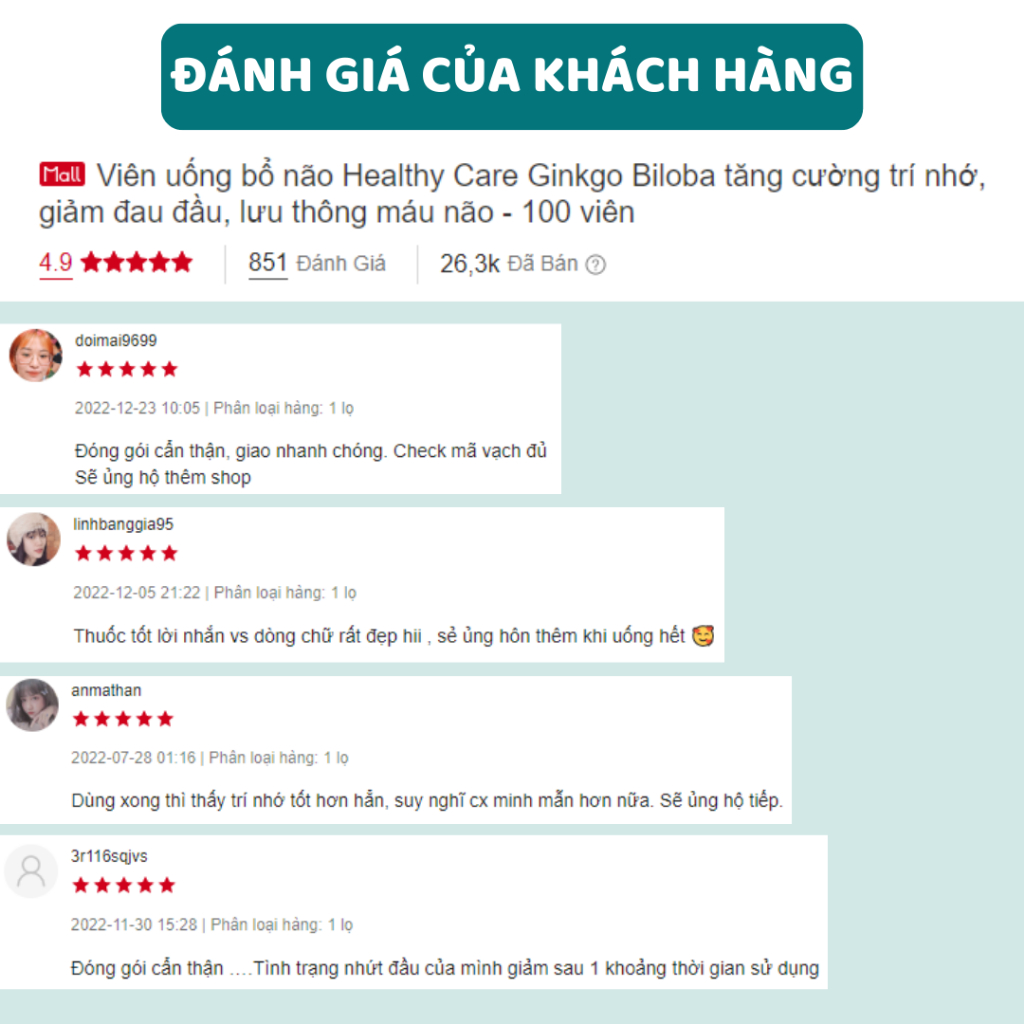 Viên uống bổ não Healthy Care Ginkgo Biloba tăng cường trí nhớ, giảm đau đầu, lưu thông máu não - 100 viên