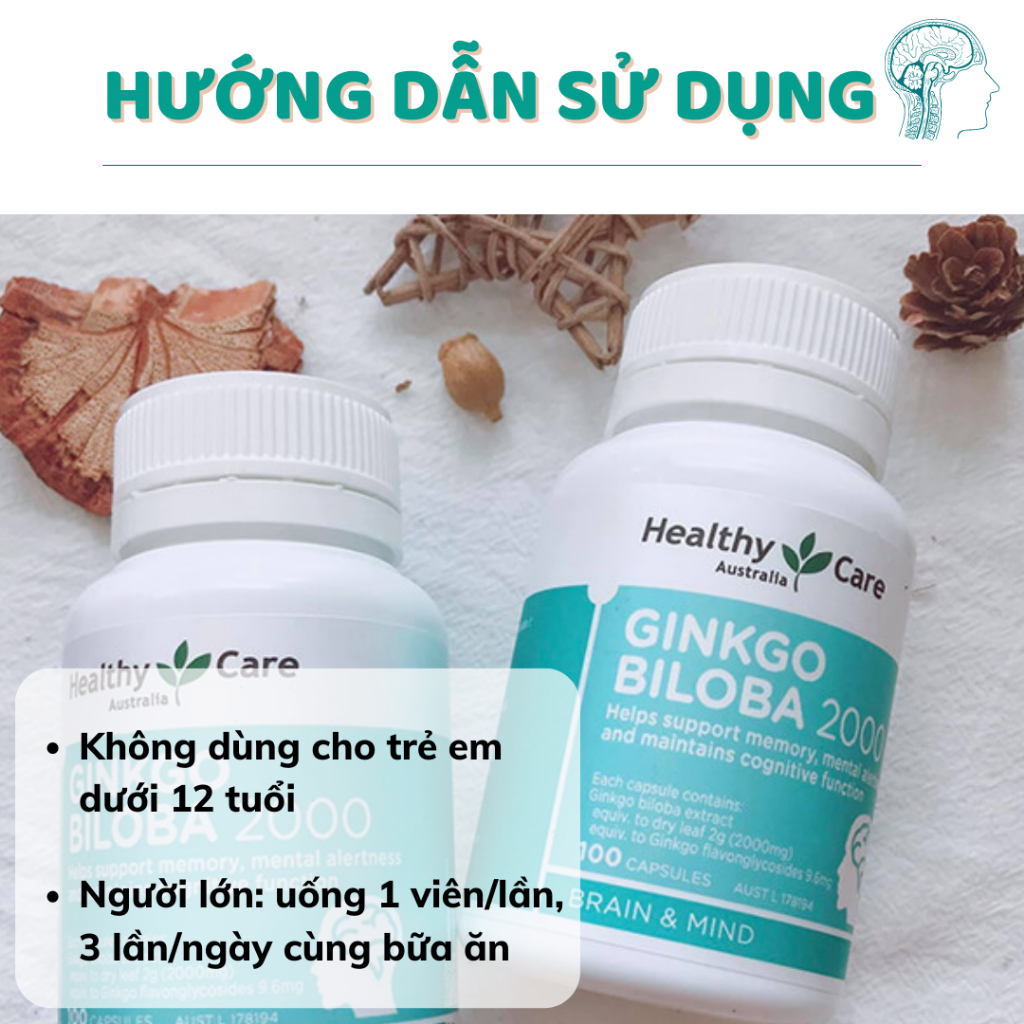 Viên uống bổ não Healthy Care Ginkgo Biloba tăng cường trí nhớ, giảm đau đầu, lưu thông máu não - 100 viên