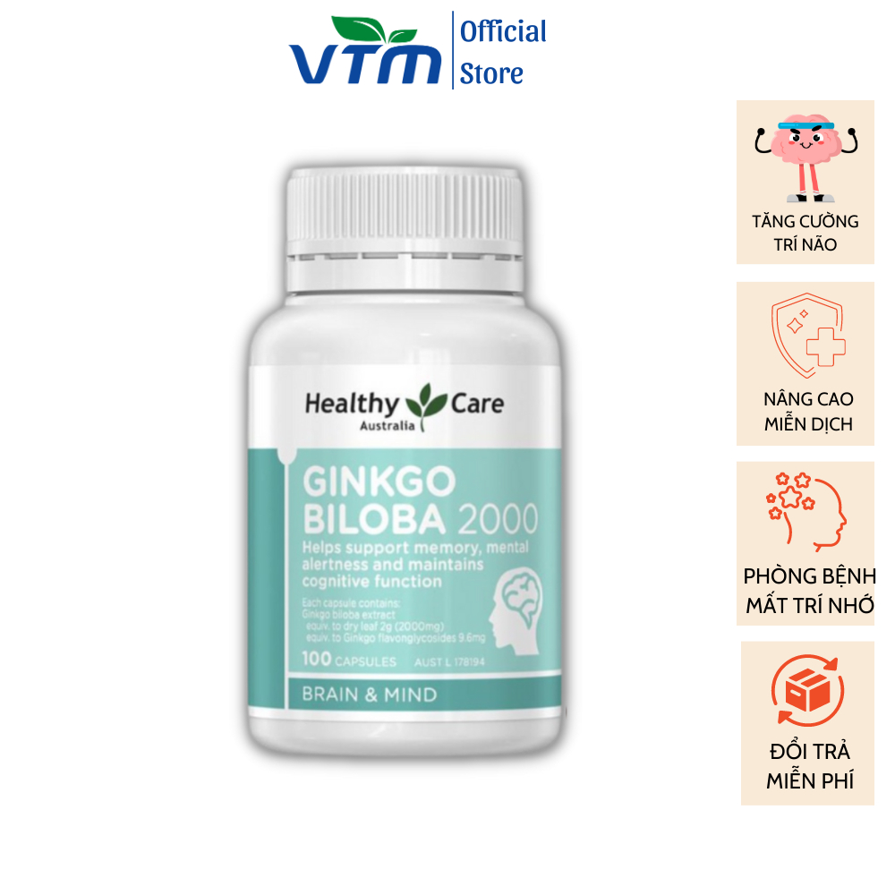 Viên uống bổ não Healthy Care Ginkgo Biloba tăng cường trí nhớ, giảm đau đầu, lưu thông máu não - 100 viên