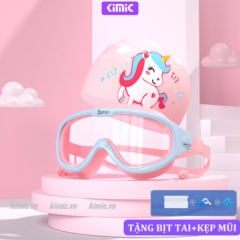 Combo kính bơi trẻ em chính hãng YouYou full box cho bé gái bé trai, mũ bơi, kẹp mũi, nút bịt tai, chống sương mù Kimic