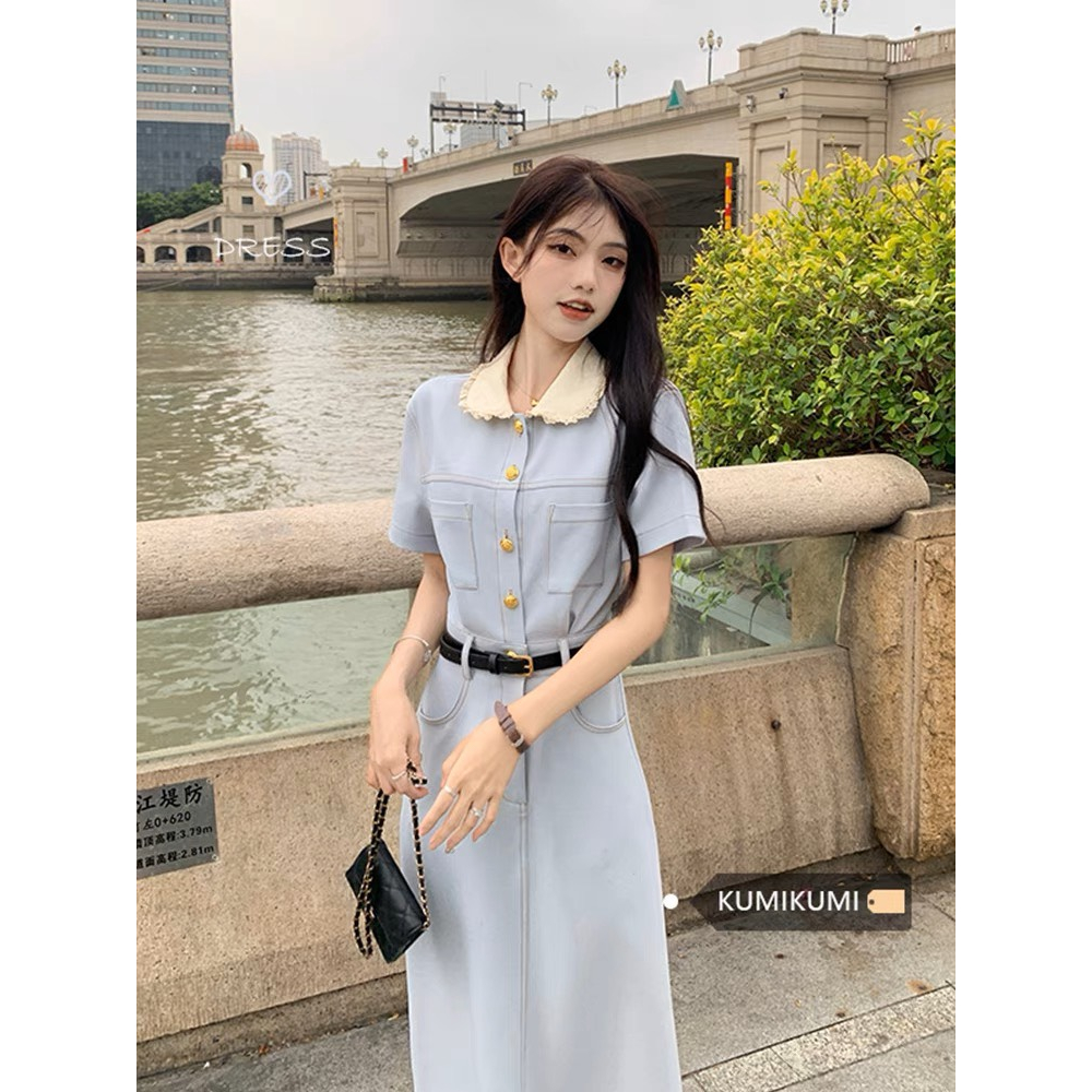 Đầm dáng dài thanh lịch giả bò cho nữ, Váy midi nữ màu xanh bò Quảng Châu cao cấp