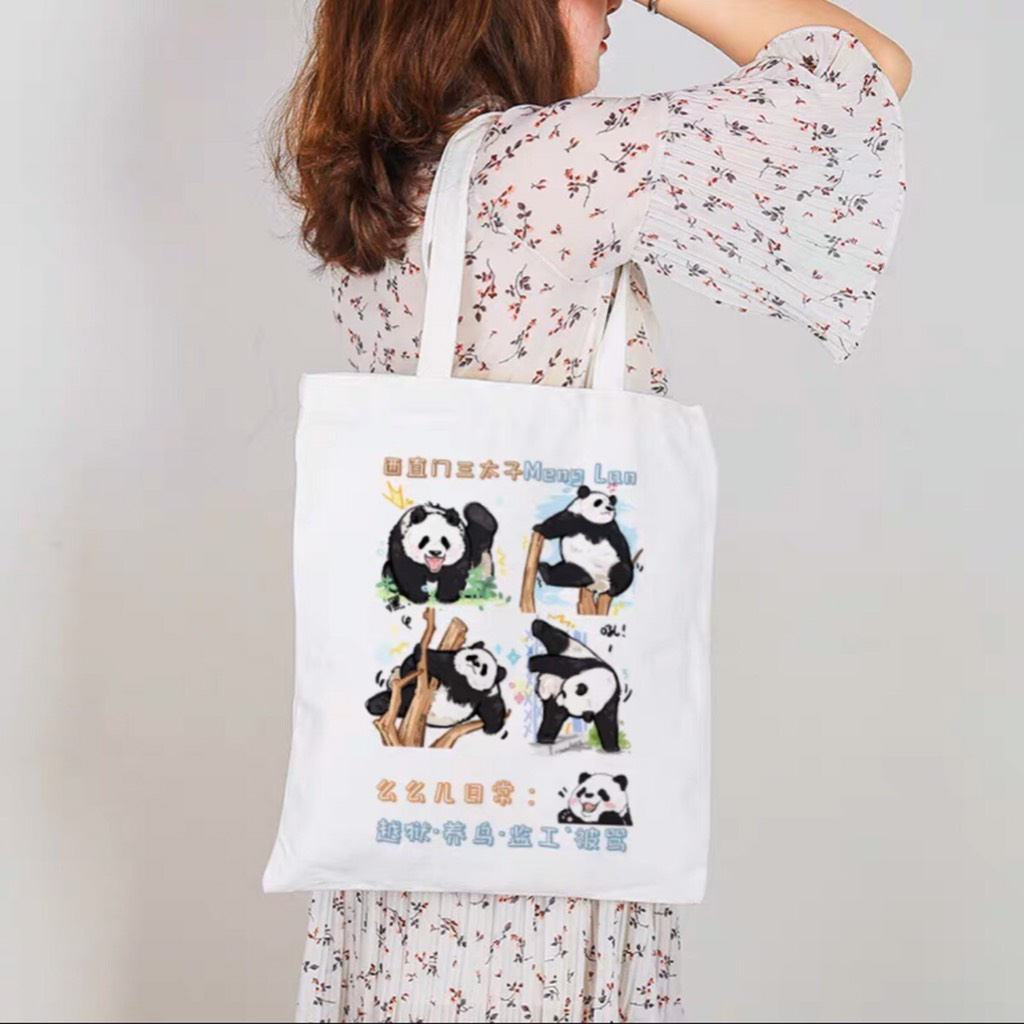 TÚI TOTE VẢI CANVAS ĐEO VAI HÌNH GẤU TRÚC PANDA HOA HOA, MANH LAN, PHÚC BẢO