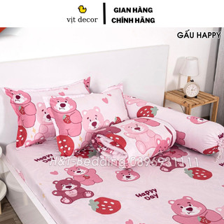 Bộ chăn ga Gấu Happy Cotton Poly, set chăn ga gối gấu happy cotton poly tặng kèm quà