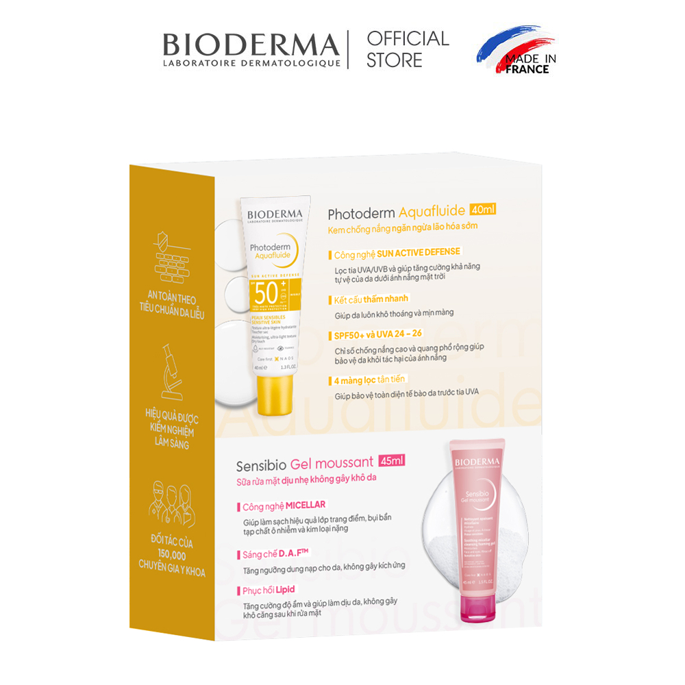 Bộ làm sạch và chống nắng cho da nhạy cảm Bioderma Sensibio Gel Moussant 45ml và Photoderm Aquafluide SPF 50+ 40ml