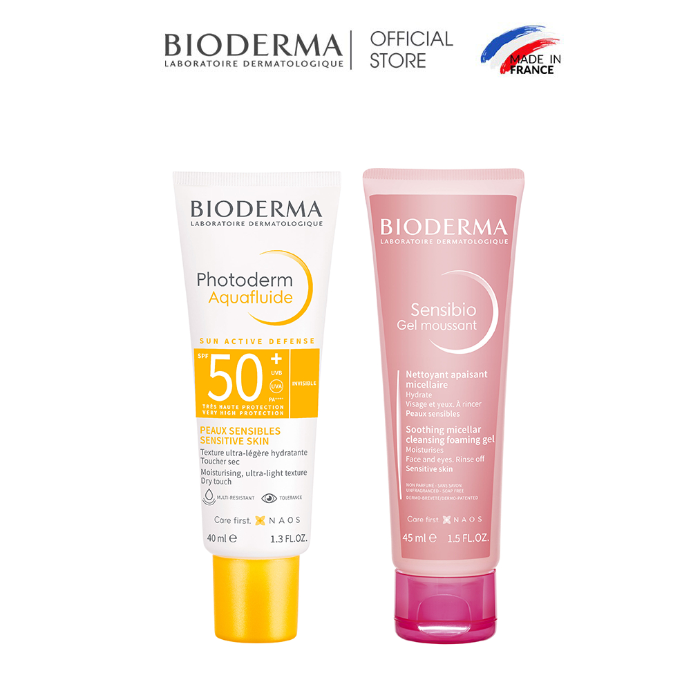 Bộ làm sạch và chống nắng cho da nhạy cảm Bioderma Sensibio Gel Moussant 45ml và Photoderm Aquafluide SPF 50+ 40ml