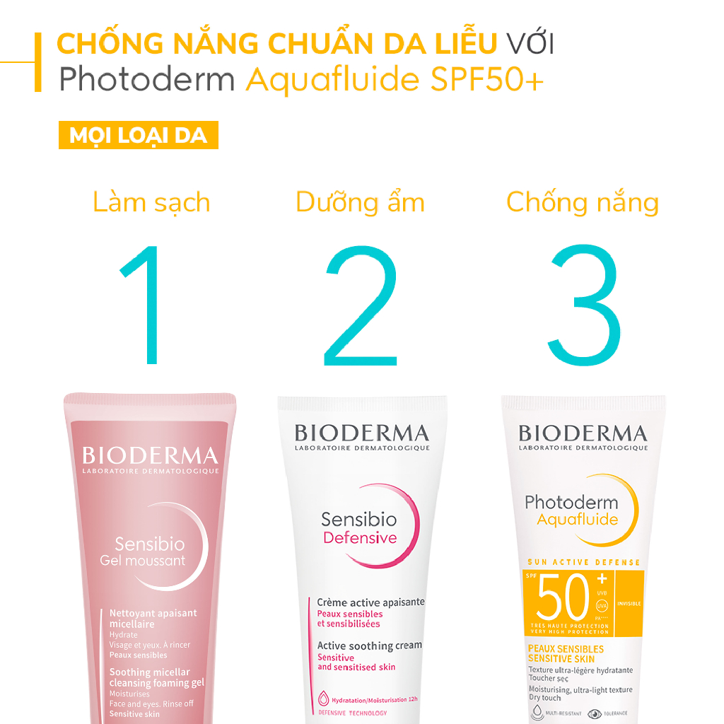 Bộ làm sạch và chống nắng cho da nhạy cảm Bioderma Sensibio Gel Moussant 45ml và Photoderm Aquafluide SPF 50+ 40ml