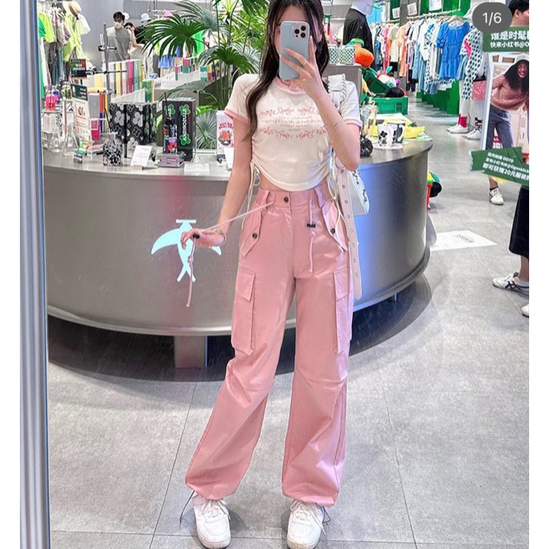 SET ÁO CROPTOP VIỀN CỔ RÚT DÂY EO 2 BÊN + QUẦN SUÔNG CULOTTES HỒNG TÚI HỘP