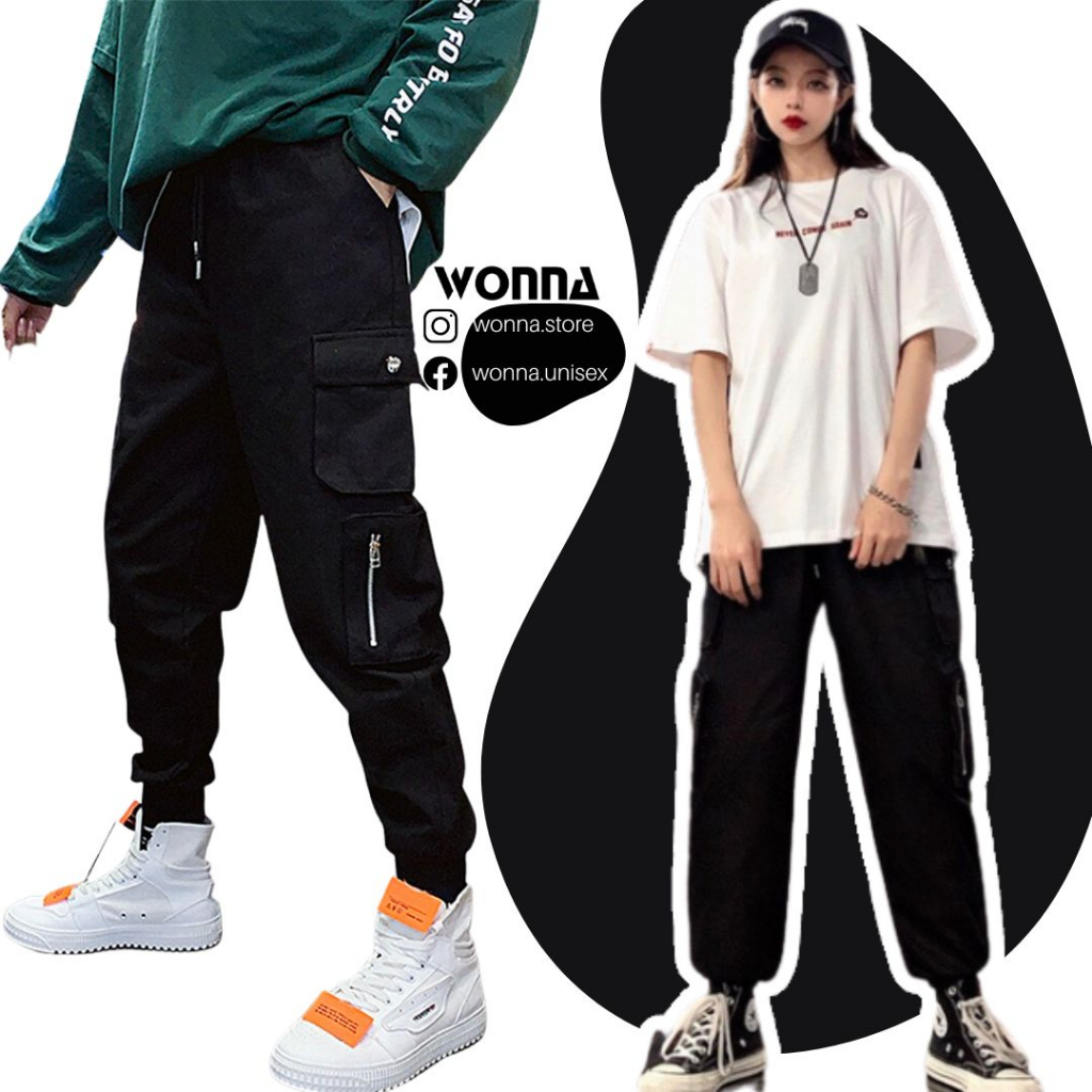 Quần cargo jogger ống bo unisex box pant street style Hàn có khóa kéo zipper nam nữ hip hop màu đen