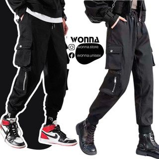 Size bé_Quần cargo jogger ống bo unisex box pant street style Hàn có khóa kéo zipper nam nữ hip hop màu đen