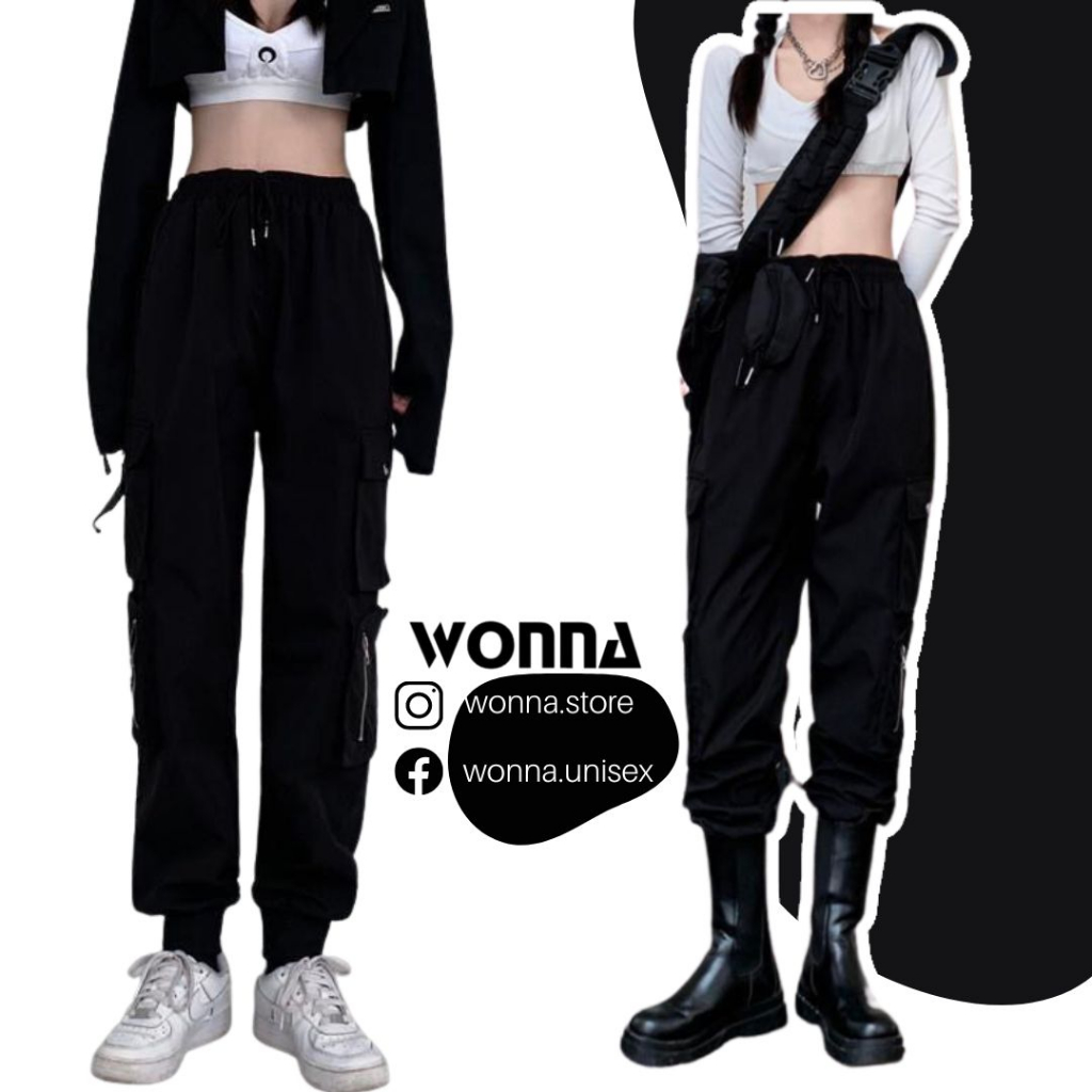Quần cargo jogger ống bo unisex box pant street style Hàn có khóa kéo zipper nam nữ hip hop màu đen