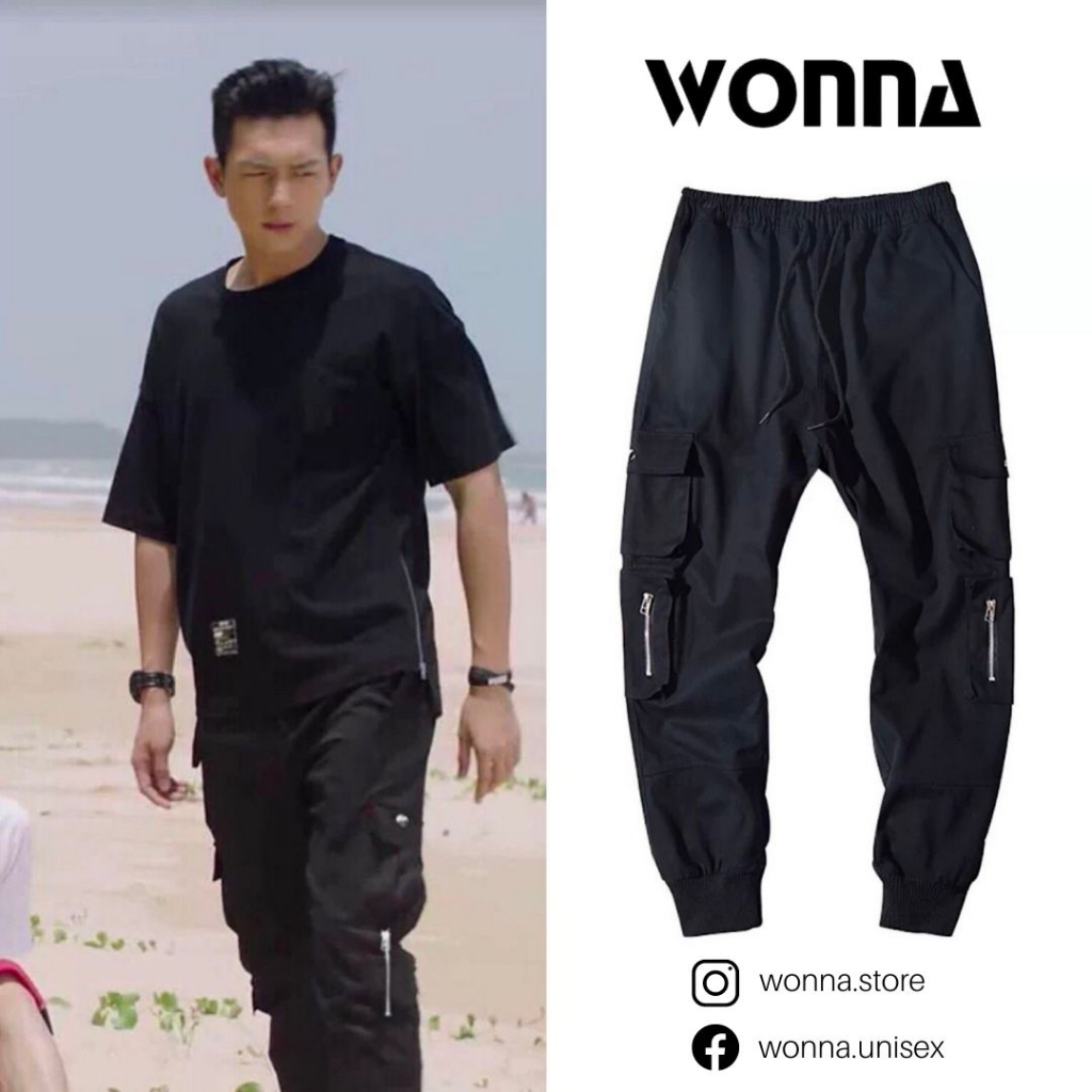 Quần cargo jogger ống bo unisex box pant street style Hàn có khóa kéo zipper nam nữ hip hop màu đen