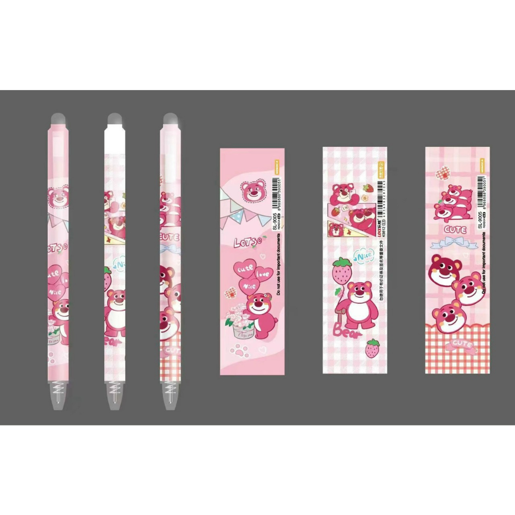 Hộp 12 cây Viết gel bấm xóa được mực xanh/tím hình gấu dâu Lotso dễ thương SL