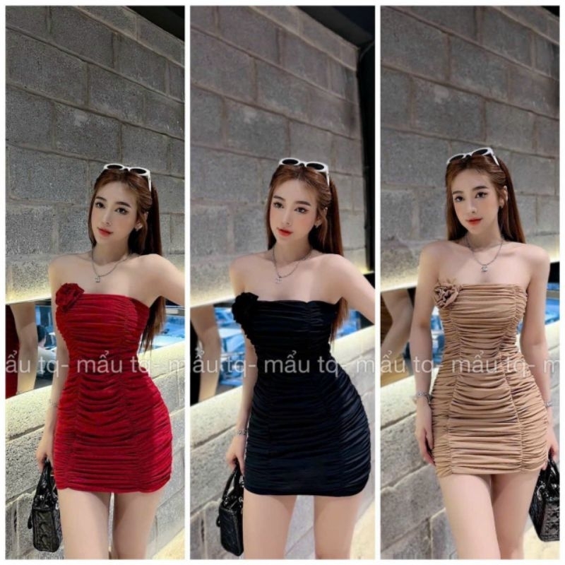 Đầm Ống Đính Bông Hoa 1 Bên Ngực - Dáng Ngắn Nhún Thân Ôm Body Sexy - Tiểu Thư Bánh Bèo Cute Sang Chảnh Basic Đơn Giản