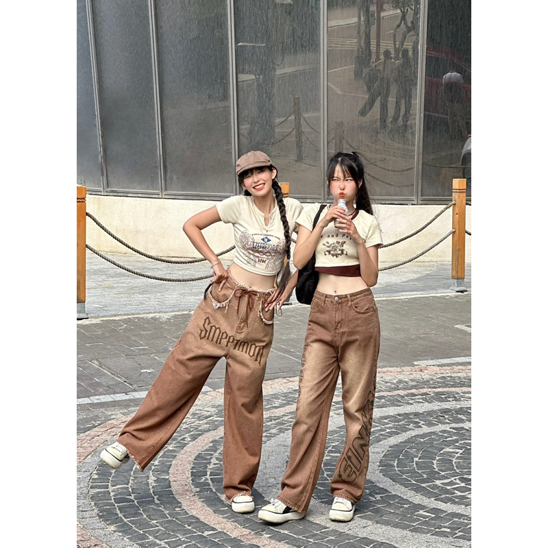 QUẦN BÒ ỐNG RỘNG LƯNG NHÚN RÚT DÂY NÂU CÁ TÍNH