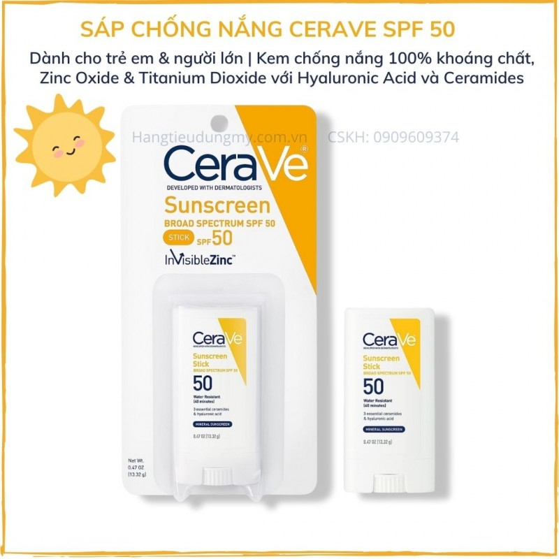 Sáp chống nắng CeraVe Sunscreen SPF 50 13.32g|Sáp chống nắng vật lý| Dành cho trẻ em & người lớn