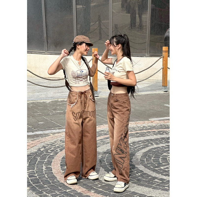 QUẦN BÒ ỐNG RỘNG LƯNG NHÚN RÚT DÂY NÂU CÁ TÍNH