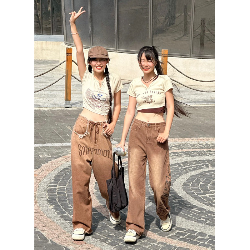 QUẦN BÒ ỐNG RỘNG LƯNG NHÚN RÚT DÂY NÂU CÁ TÍNH