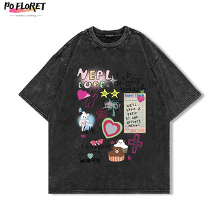 PO FLORET Áo thun unisex rộng Phim hoạt hình dễ thương in áo phông nữ 100% Cotton Phong cách retro t shirt