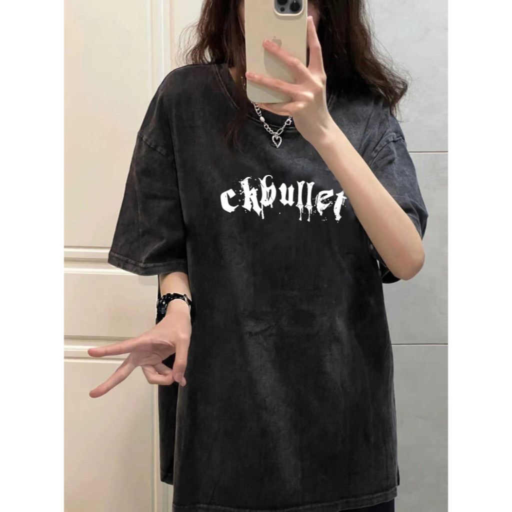 PO FLORET Áo thun unisex rộng cây thánh giá in áo phông nữ 100% Cotton Phong cách retro t shirt