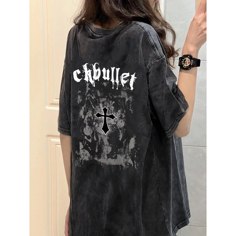 PO FLORET Áo thun unisex rộng cây thánh giá in áo phông nữ 100% Cotton Phong cách retro t shirt