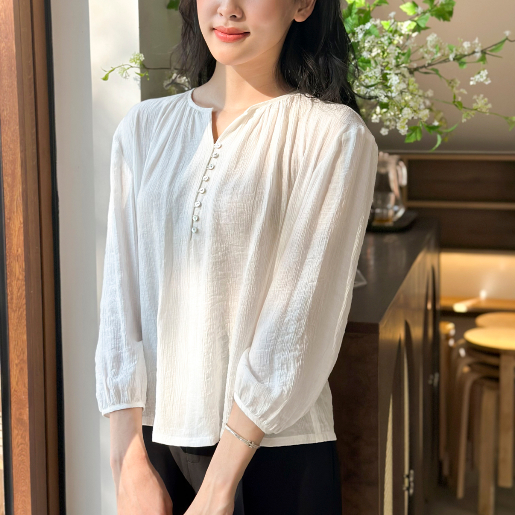 Áo sơ mi kiểu nữ hàn quốc Cardigan thiết kế dài tay cổ nhún cài cúc trai AS008