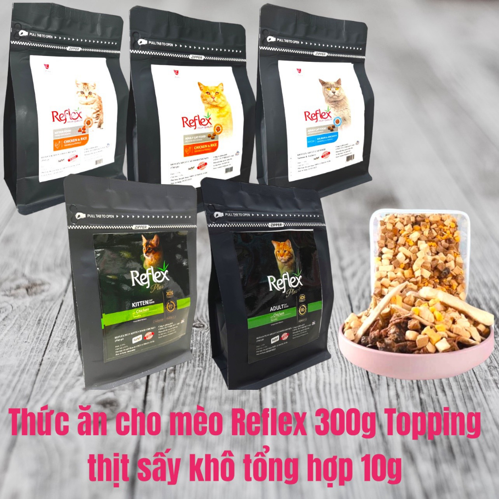 Hạt mèo,thức ăn khô Reflex mix topping gà,gan, trứng,cá,chim cút sấy gói 310g