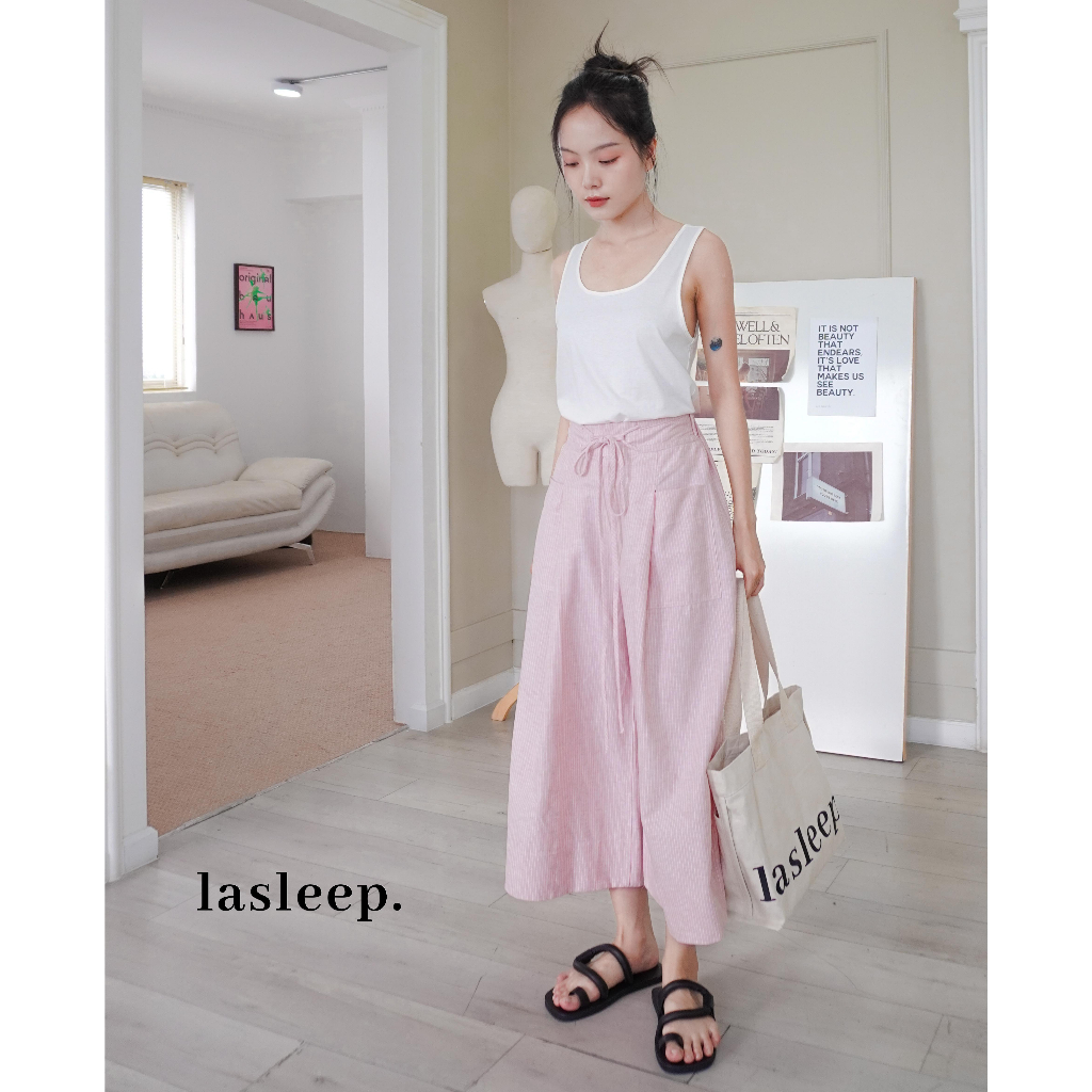 Quần Culottes Linen Kẻ Hồng form oversize ống rộng giả váy - Lasleep.