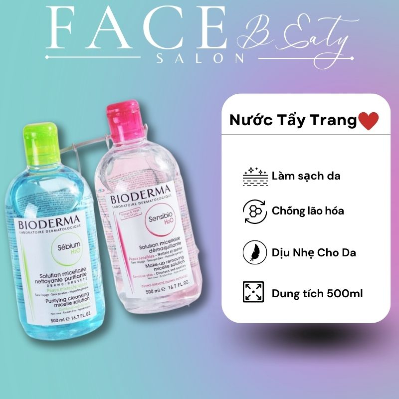 Nước Tẩy Trang Bioderma Crealine H2O Nắp Nhấn Màu Hồng (mọi loại da) , nắp nhấn xanh (da dầu , mụn) 500ml cvjdmb_ttn