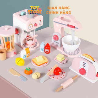 Bộ đồ chơi nấu ăn gỗ hoạ tiết hồng nhạt toystore FUDAER set máy làm bánh, cà phê, sinh tố cho bé
