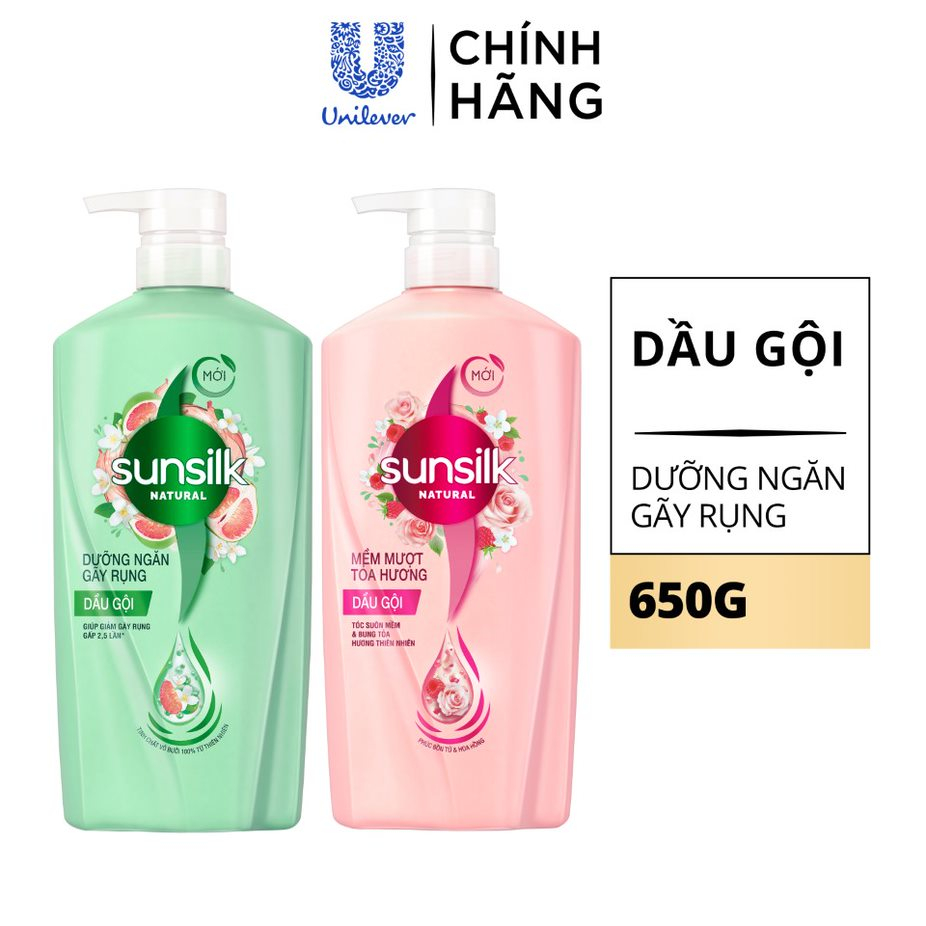 Dầu gội Sunsilk Natural 650g thành phần 100% thiên nhiên cho mái tóc tỏa hương sống động 48h và giảm gãy rụng gấp 2,5lần