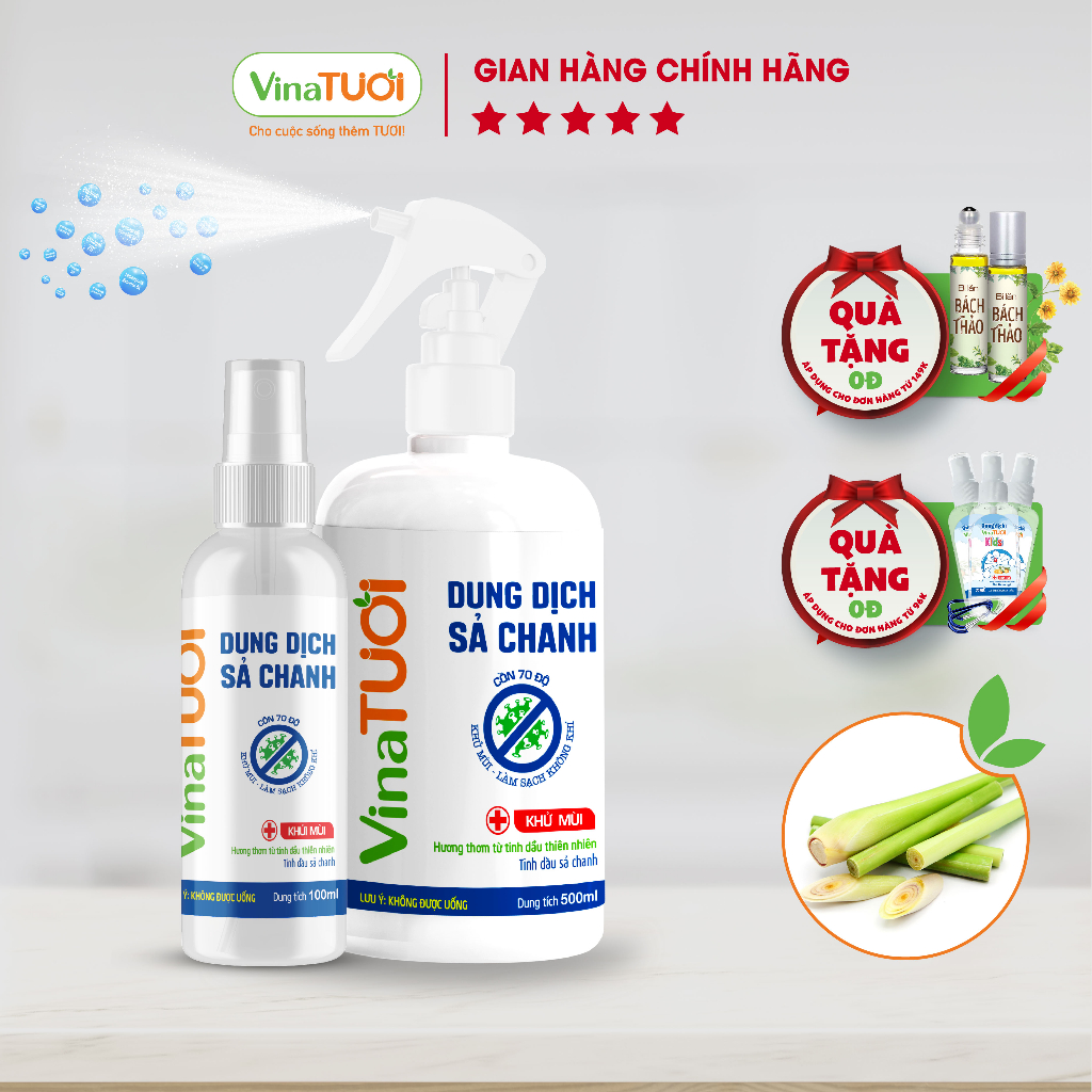 Dung dịch xịt thơm đa năng Sả Chanh VINA TƯƠI Cồn 70 độ Tinh dầu Sả Chanh nguyên chất thiên nhiên
