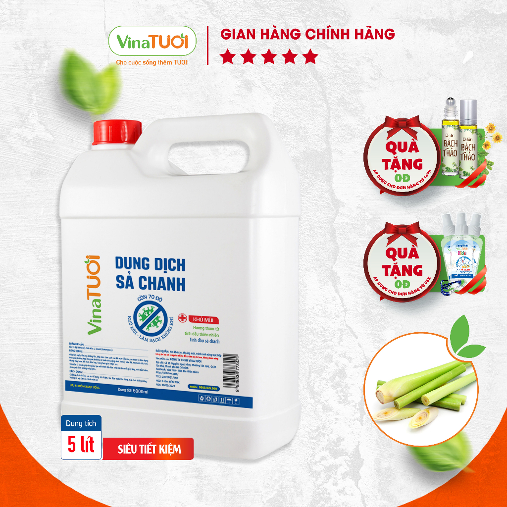 Dung dịch xịt thơm đa năng Sả Chanh VINA TƯƠI 5000ml Cồn 70 độ Tinh dầu Sả Chanh nguyên chất