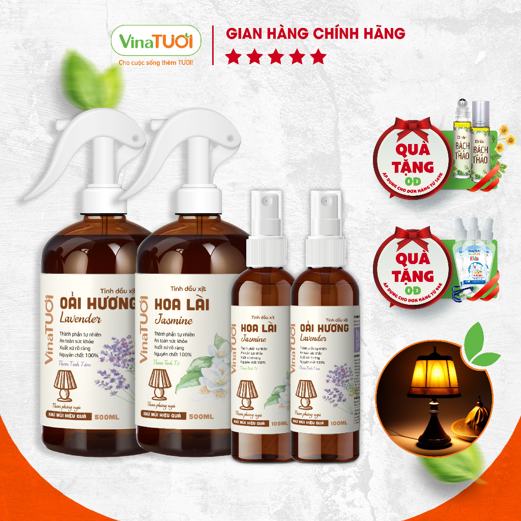 Chai Xịt Thơm Phòng Ngủ Lưu Hương Lâu Dễ Ngủ VINA TƯƠI 100ml/500ml Tinh Dầu Phòng Ngủ Hoa Lài, Bạc Hà, Cam Sả, Lá Xông